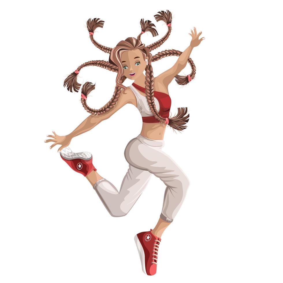 Vector image of a girl in a dance with spectacularly flying pigtails. Cartoon. EPS 10