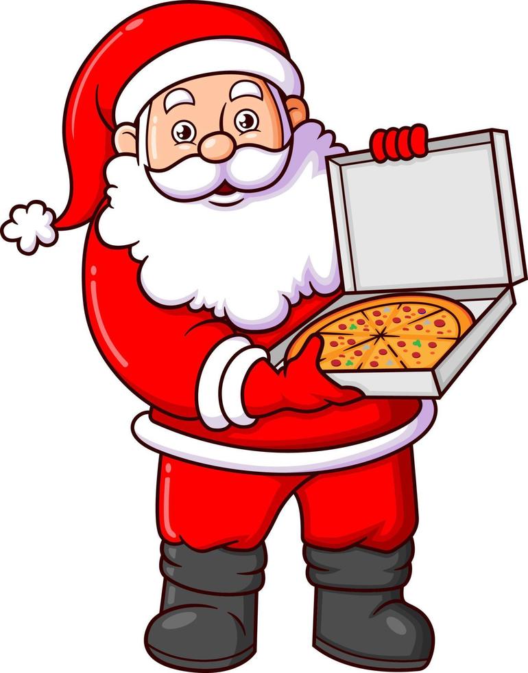 Papá Noel está muy feliz y muestra una pizza normal que compra vector