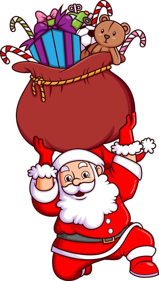 The santa claus is lifting the sack full of the gift and candy cane for the kids vector