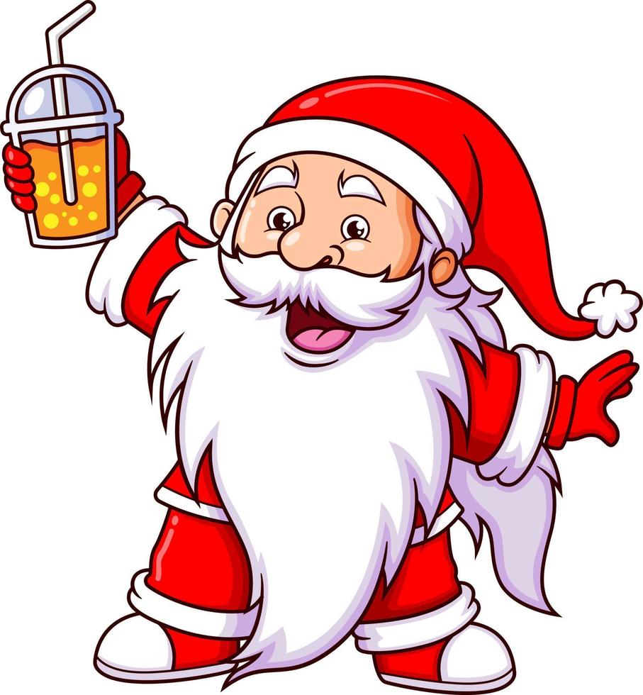 The happy santa claus is holding and rising the bubble tea vector