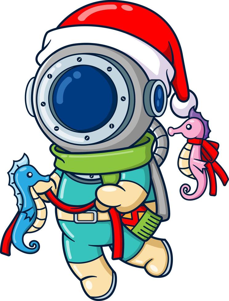 The diver is playing with the sea horse in the ocean while wearing santa hat vector