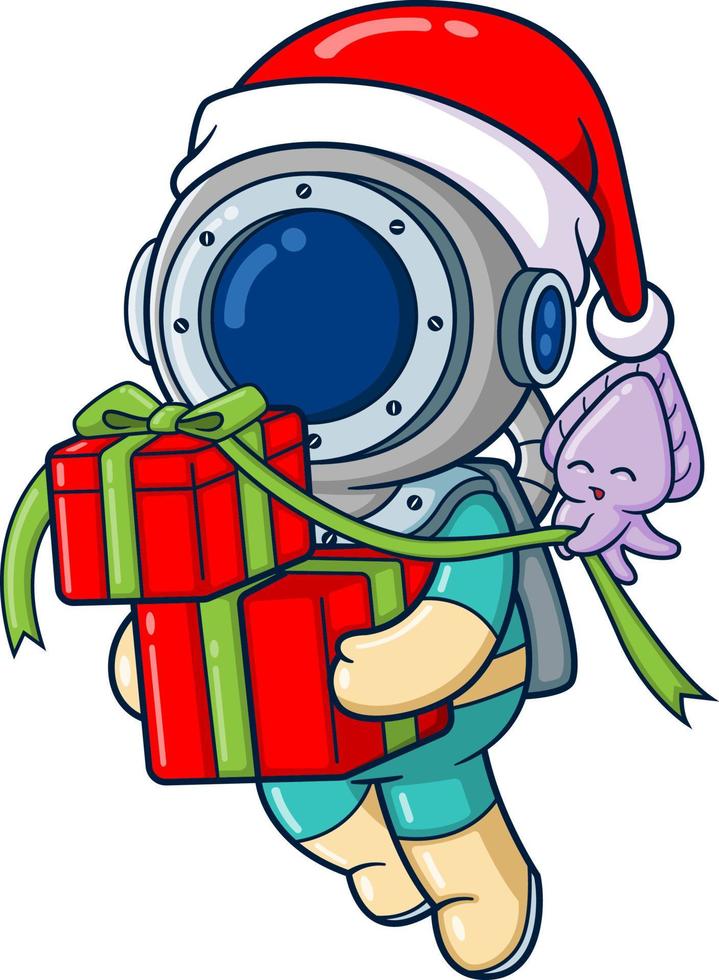The diver is carrying gift boxes with help by little octopus holding on a rope vector