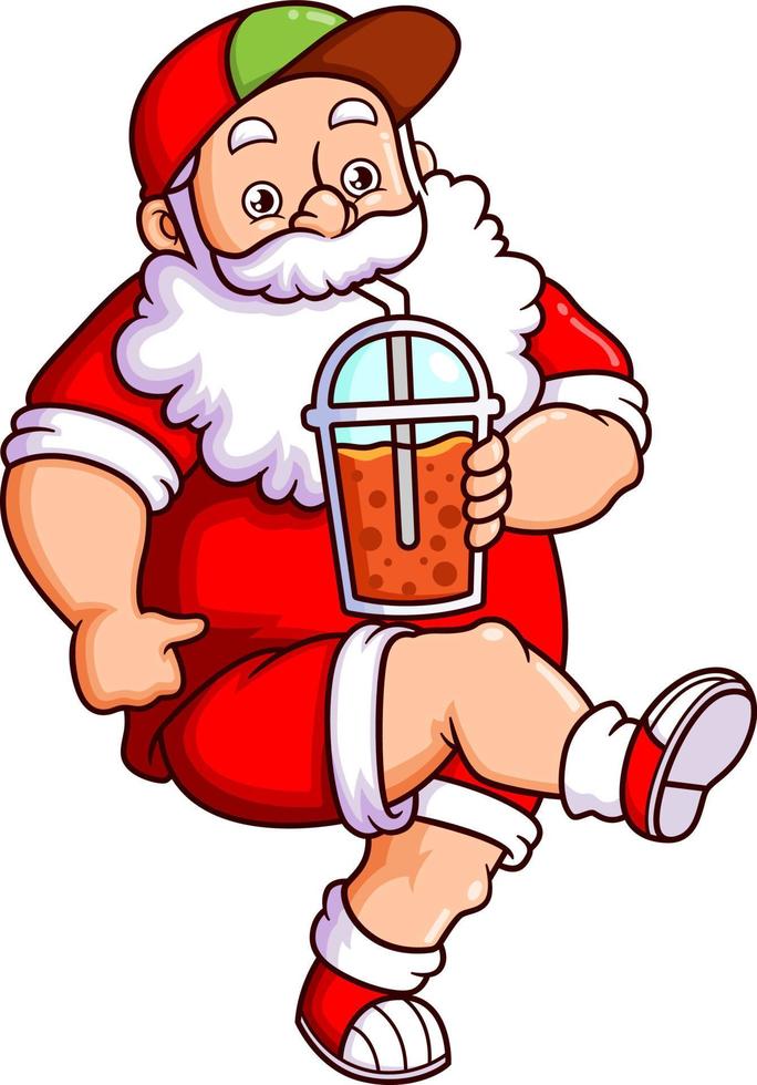 The santa claus is wearing a cool cap and drinking big bubble tea vector