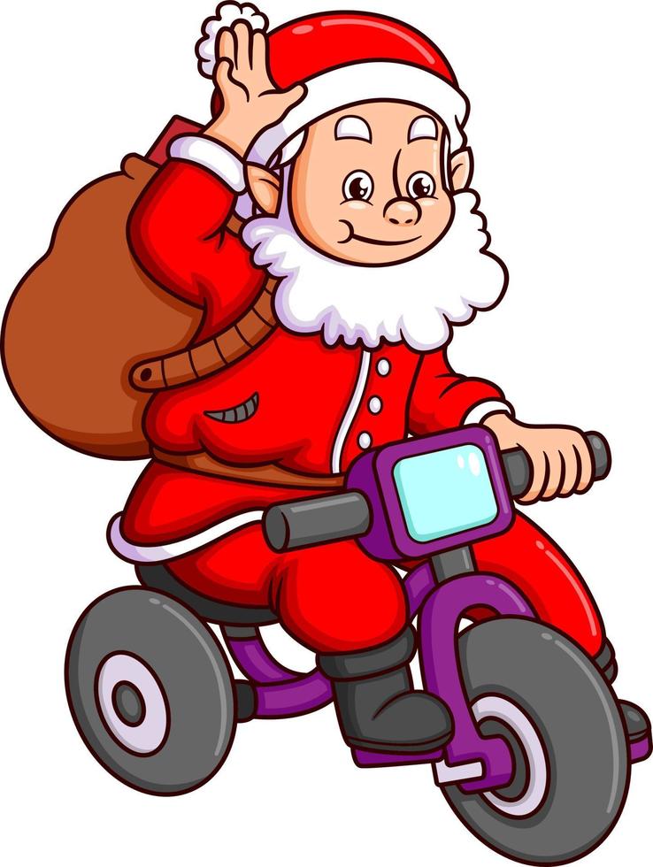 The cute santa claus is riding the bicycle and waving the hand to the children vector