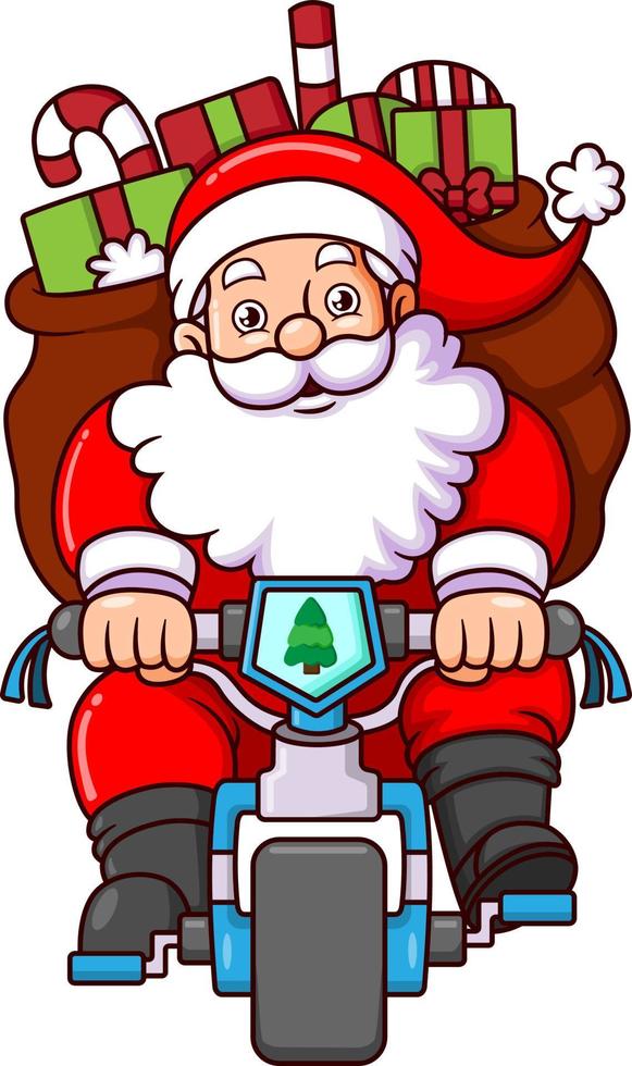 el santa claus está montando una bicicleta en una nevada mientras lleva cajas de regalo vector