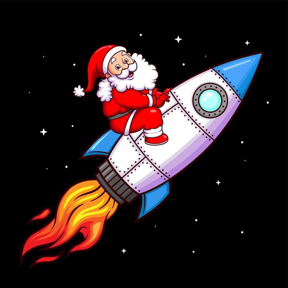 The happy santa claus is flying and rounding the space with the turbo rocket vector