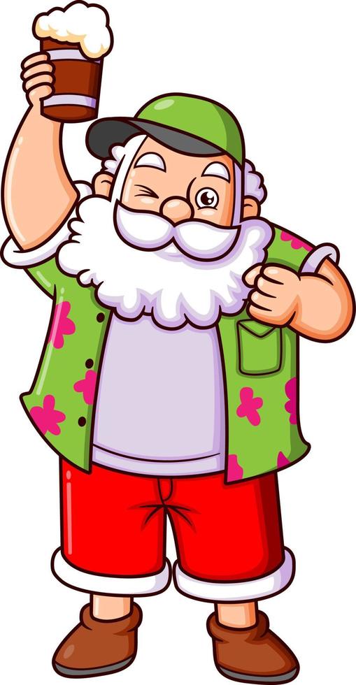 The old santa claus is doing the party with the root beer in the beach  club vector
