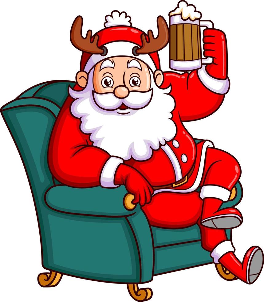 Papá Noel está disfrutando de la película y bebiendo cerveza de raíz. vector