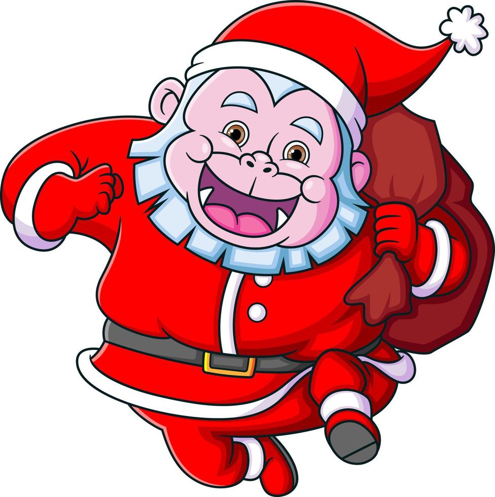 The yeti dwarf is wearing the santa costume and running with the big sack full of gift vector