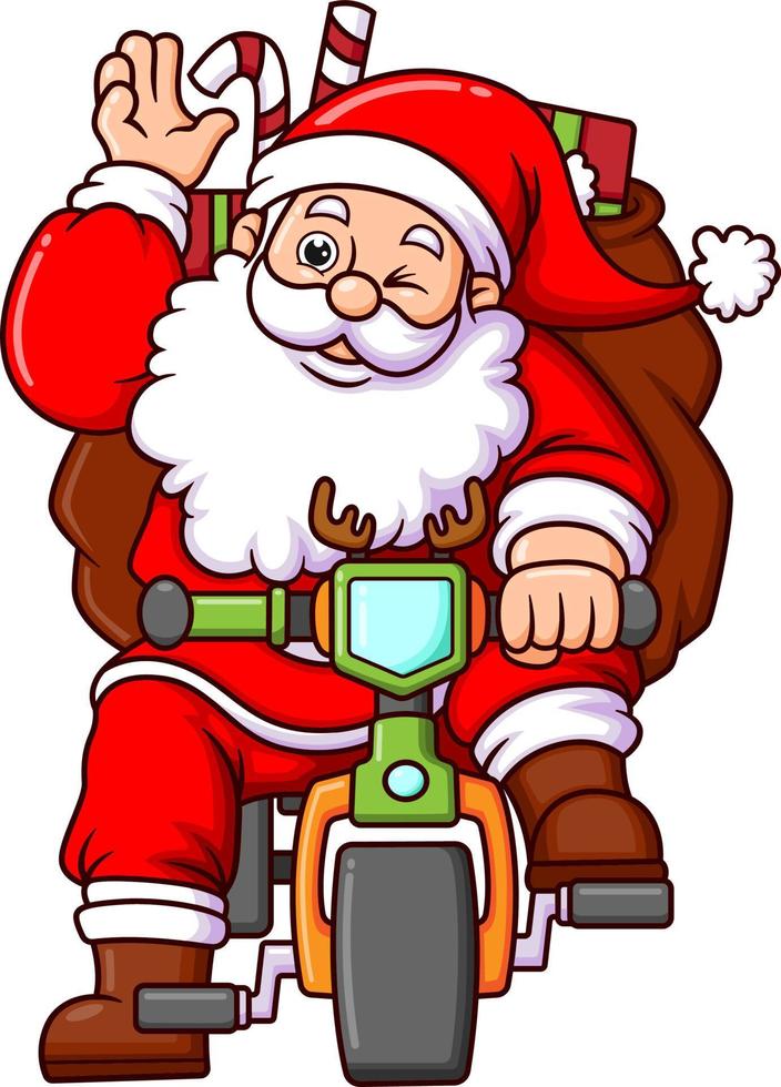 el viejo santa claus está montando una bicicleta para entregar las cajas de regalo mientras saluda vector