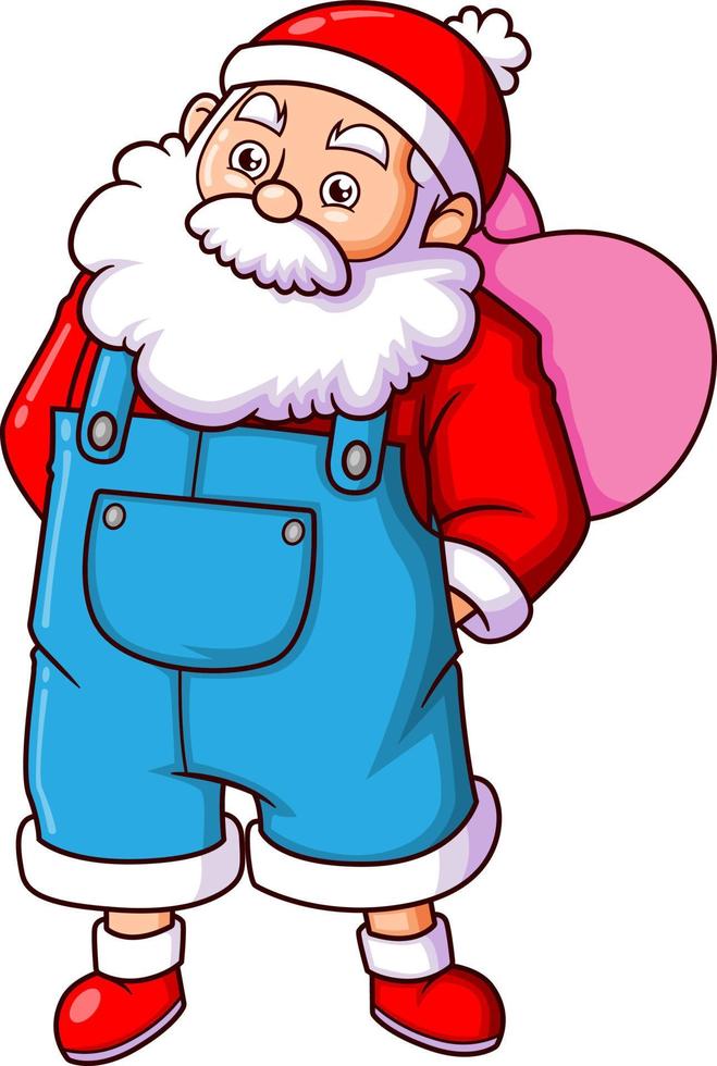 The farmer santa claus is standing and holding the big pink sack in the back vector