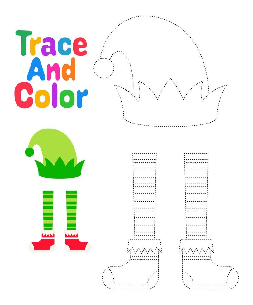 Elf hat and shoes tracing worksheet for kids vector