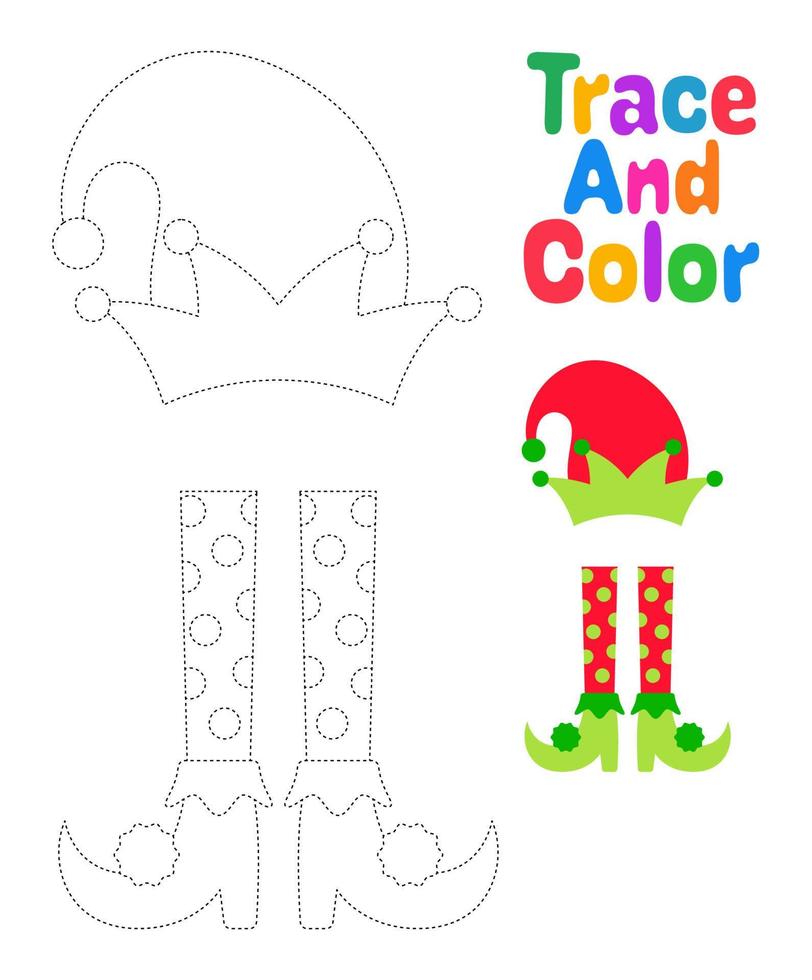Elf hat and shoes tracing worksheet for kids vector