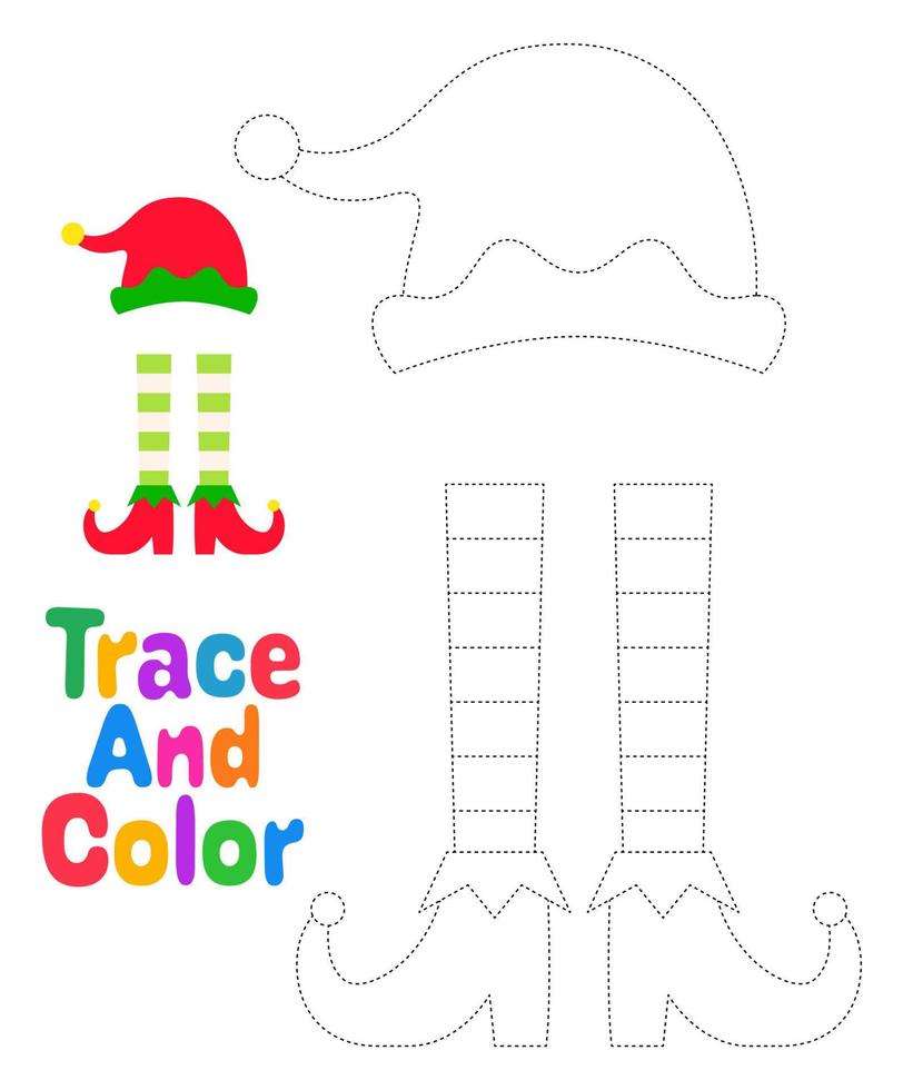 Elf hat and shoes tracing worksheet for kids vector