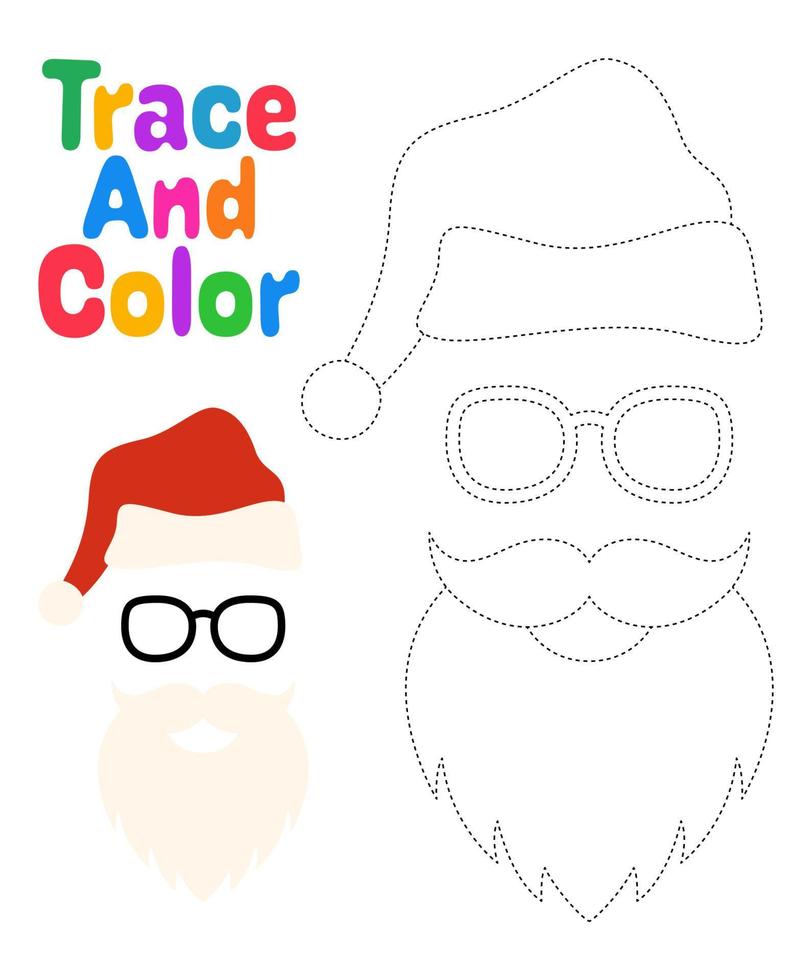 Beard with christmas hat and glasses, tracing worksheet for kids vector