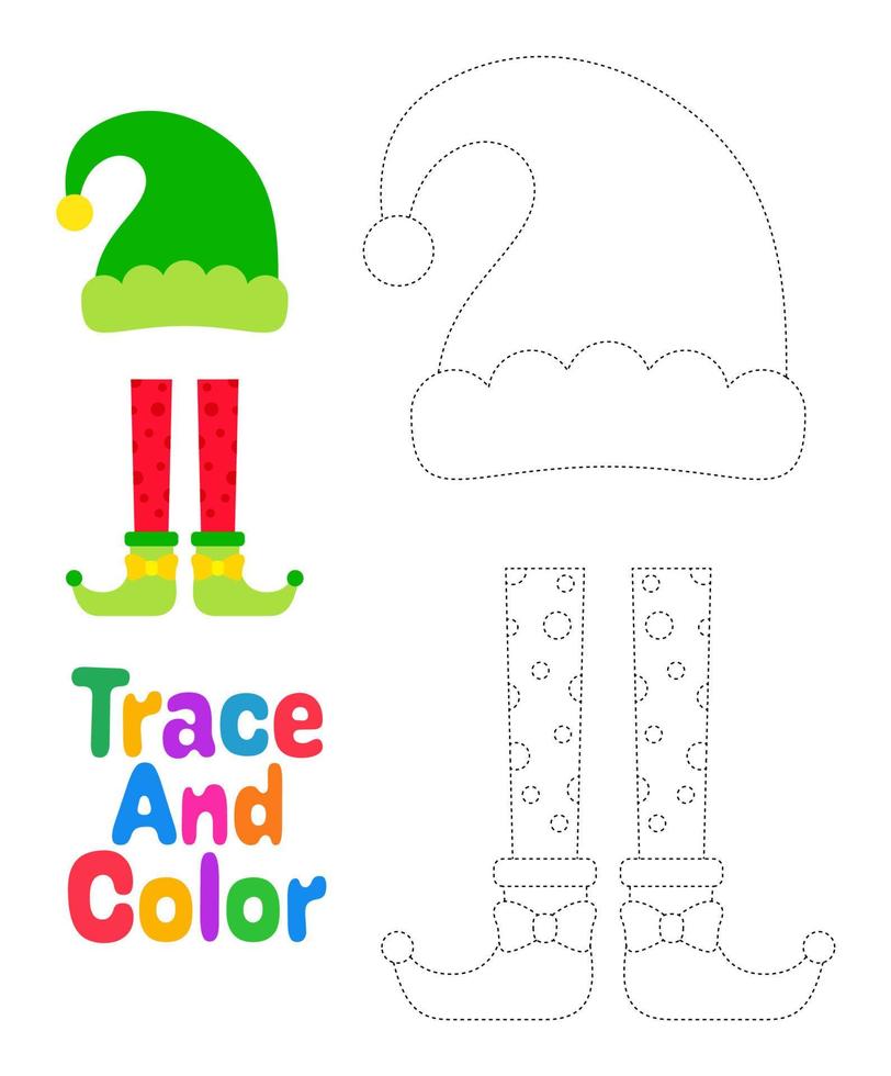 Elf hat and shoes tracing worksheet for kids vector