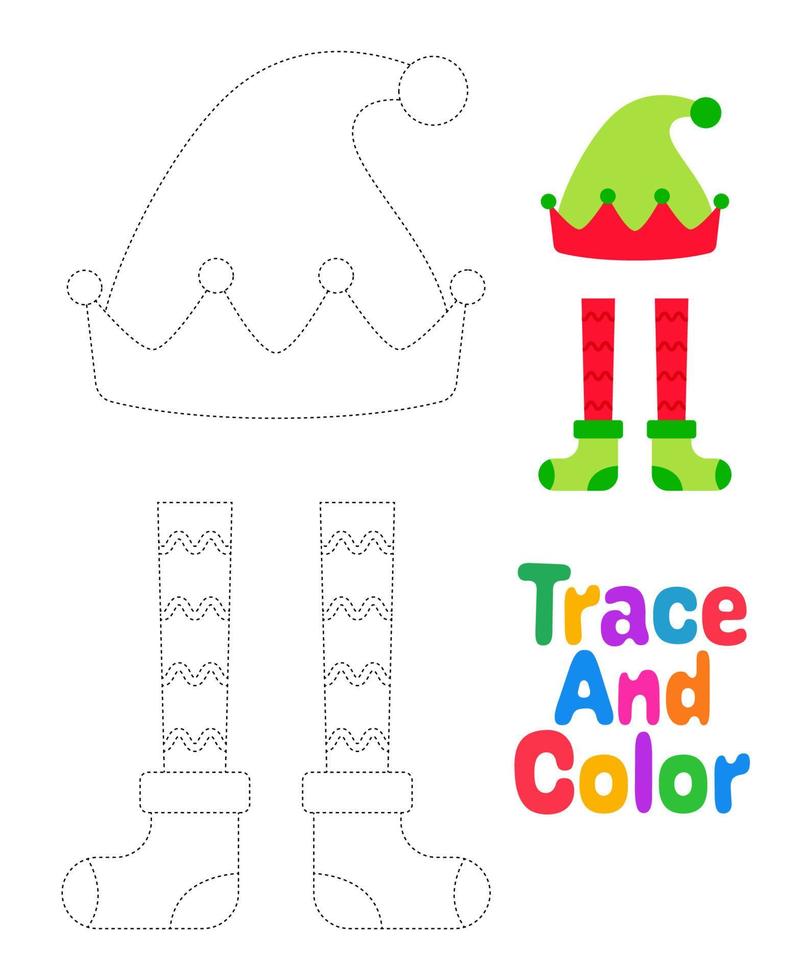 Elf hat and shoes tracing worksheet for kids vector