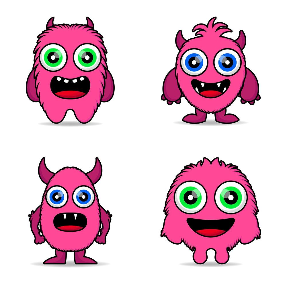 conjunto lindo monstruo peludo rosa diseño mascota kawaii vector