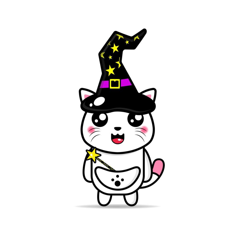 cute mascot cat wearing a witch hat and carrying a magic wand kawaii vector