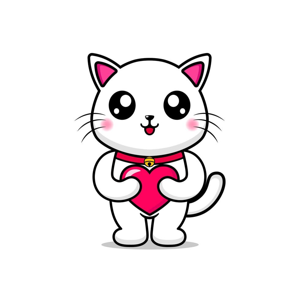 lindo gato sosteniendo corazón ilustración diseño kawaii vector