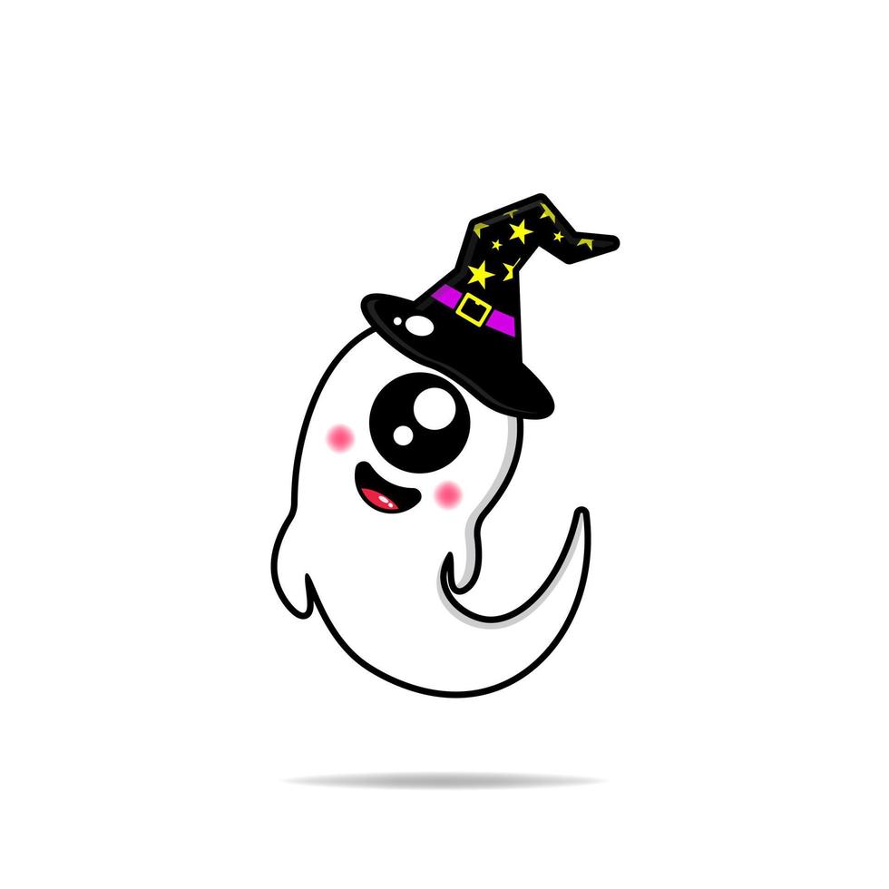 linda mascota fantasma con un sombrero de bruja kawaii vector