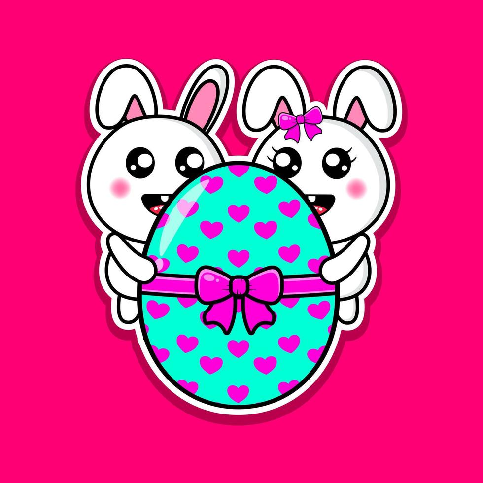 cute couple bunny hugging a big easter egg design kawaii vector