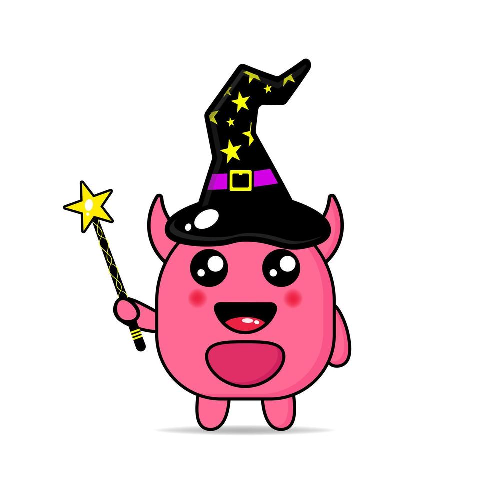 cute mascot monster wearing a witch hat and carrying a magic wand kawaii vector