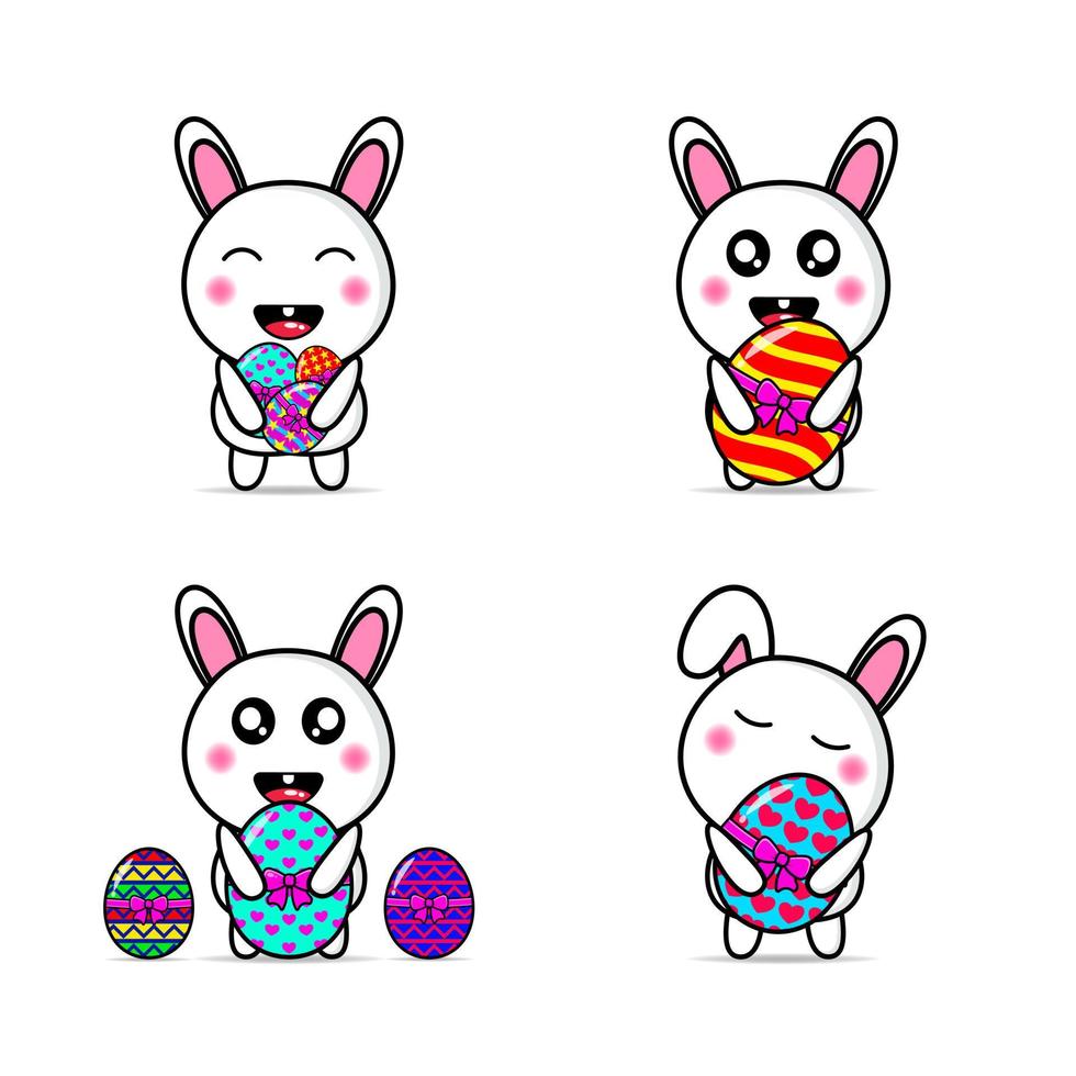 establecer lindo conejo para traer huevos de pascua diseño de ilustración kawaii vector