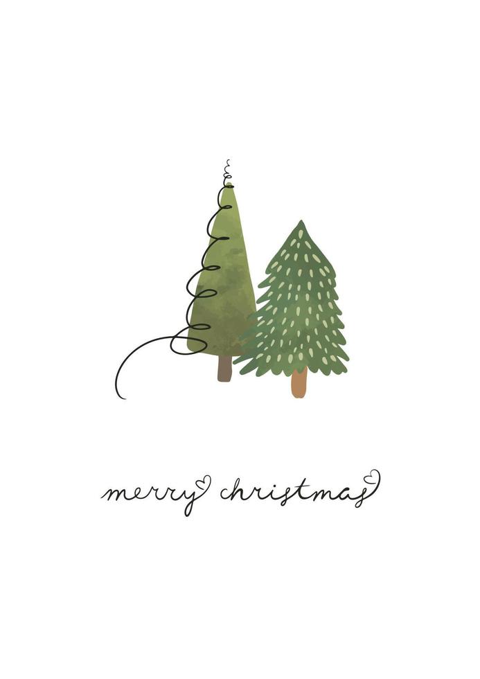 Postcard with Christmas trees. Festive card with green fir trees and merry christmas lettering. Minimalistic new year card isolated on white background vector
