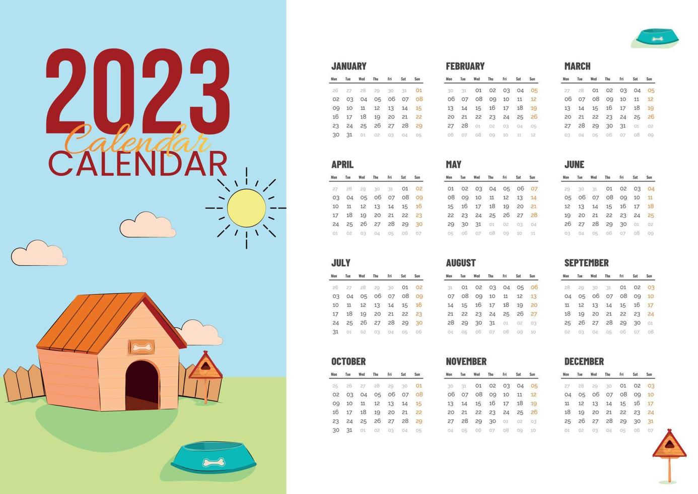 plantilla de calendario 2023 amante de los animales dibujada a mano vector