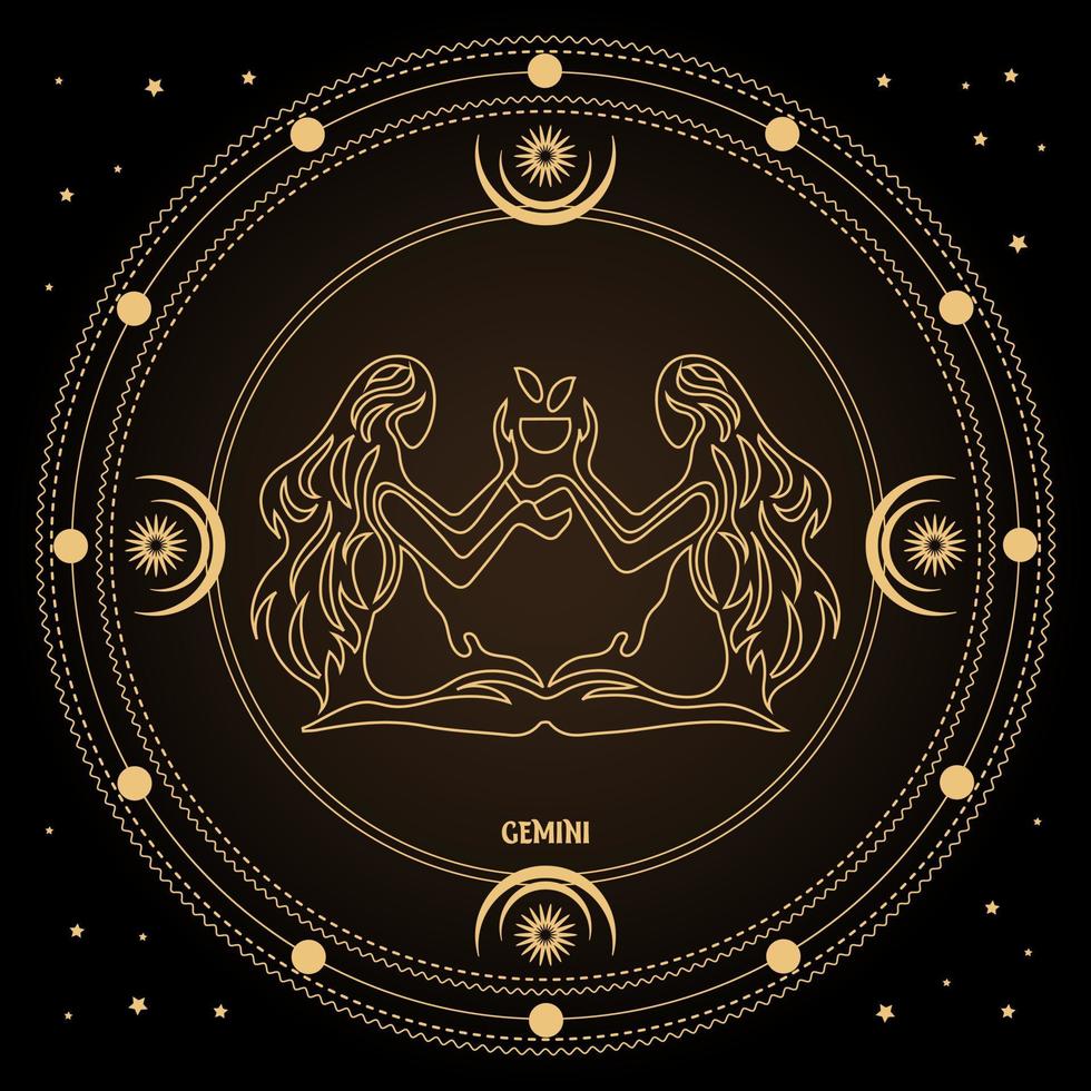 Gemini zodiac sign, astrological horoscope sign in a mystical circle with  moon, sun and stars. Golden design, vector 13930911 Vector Art at Vecteezy