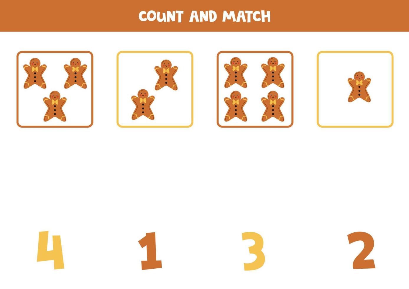 Counting game for kids. Count all gingerbread cookies and match with numbers. Worksheet for children. vector