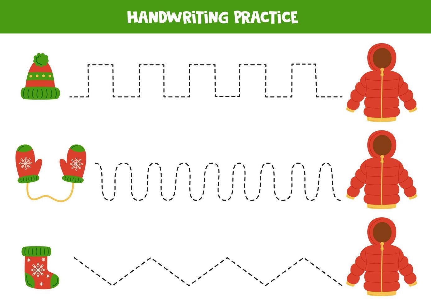 Tracing lines for kids. Cartoon winter accessories. Writing practice. vector