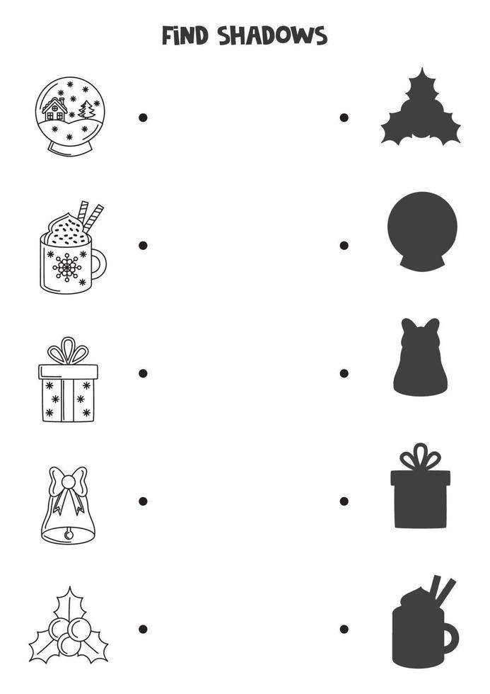 Find the correct shadows of black and white winter accessories. Logical puzzle for kids. vector