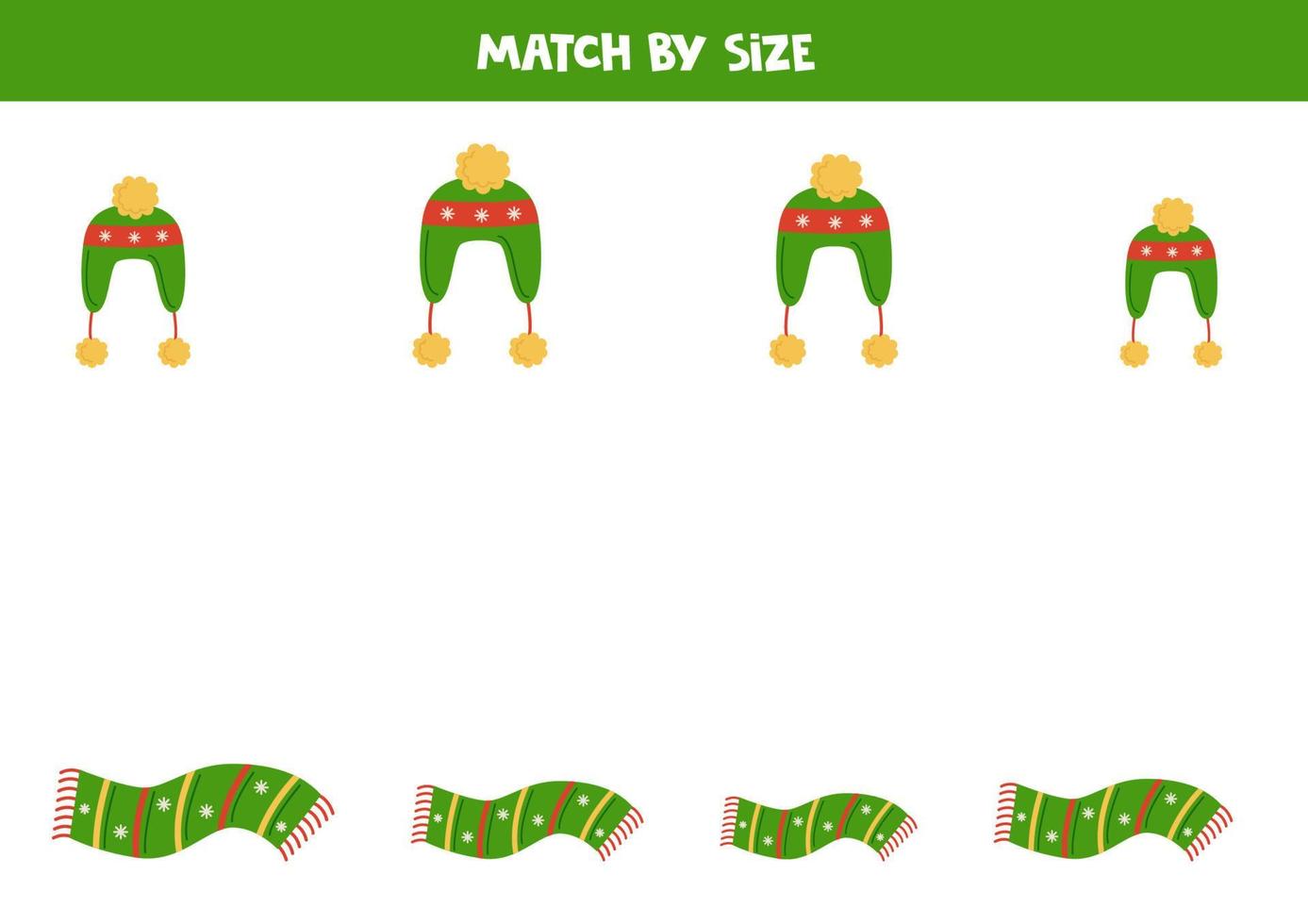 Matching game for preschool kids. Match winter hats and scarfs by size. vector