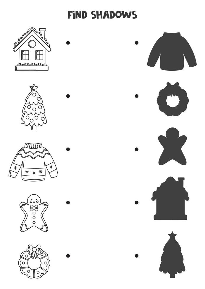 encuentra las sombras correctas de los accesorios de invierno en blanco y negro. rompecabezas lógico para niños. vector