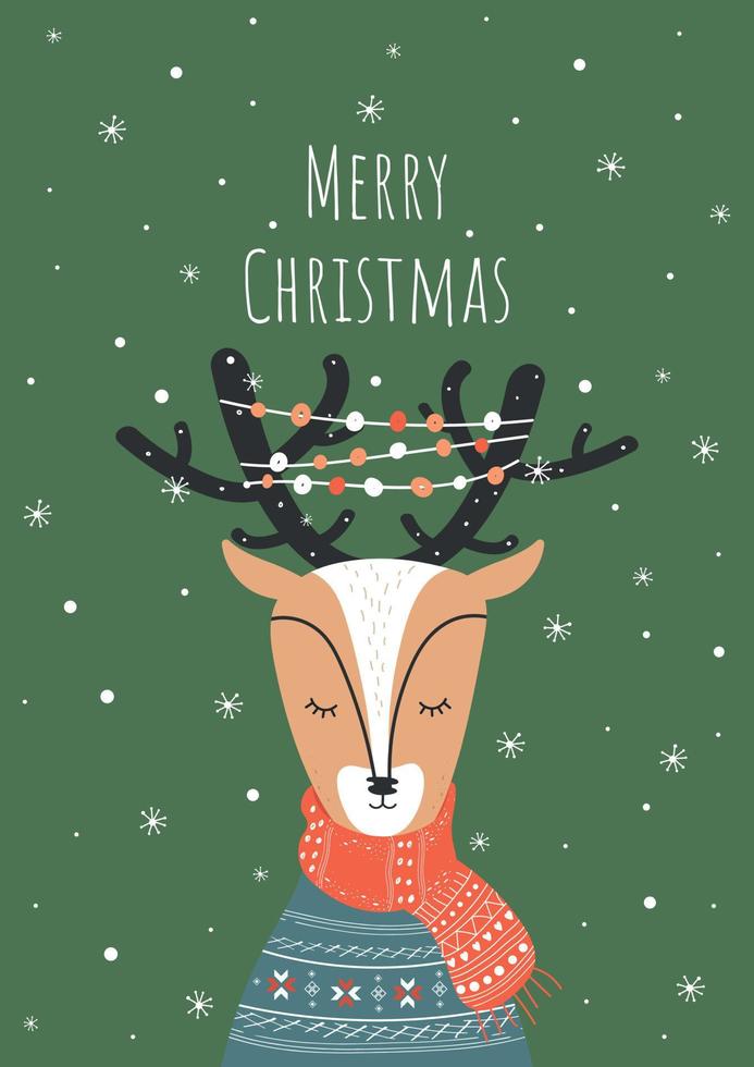 tarjeta de regalo de año nuevo con lindo ciervo dormido en un suéter cálido. plantilla vectorial vector