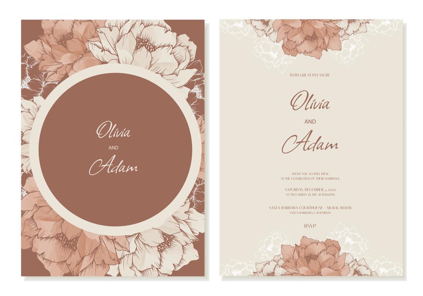 plantilla de invitación de boda con flores de peonía en tonos marrones beige. plantilla de diseño de tarjeta rsvp. vector. vector