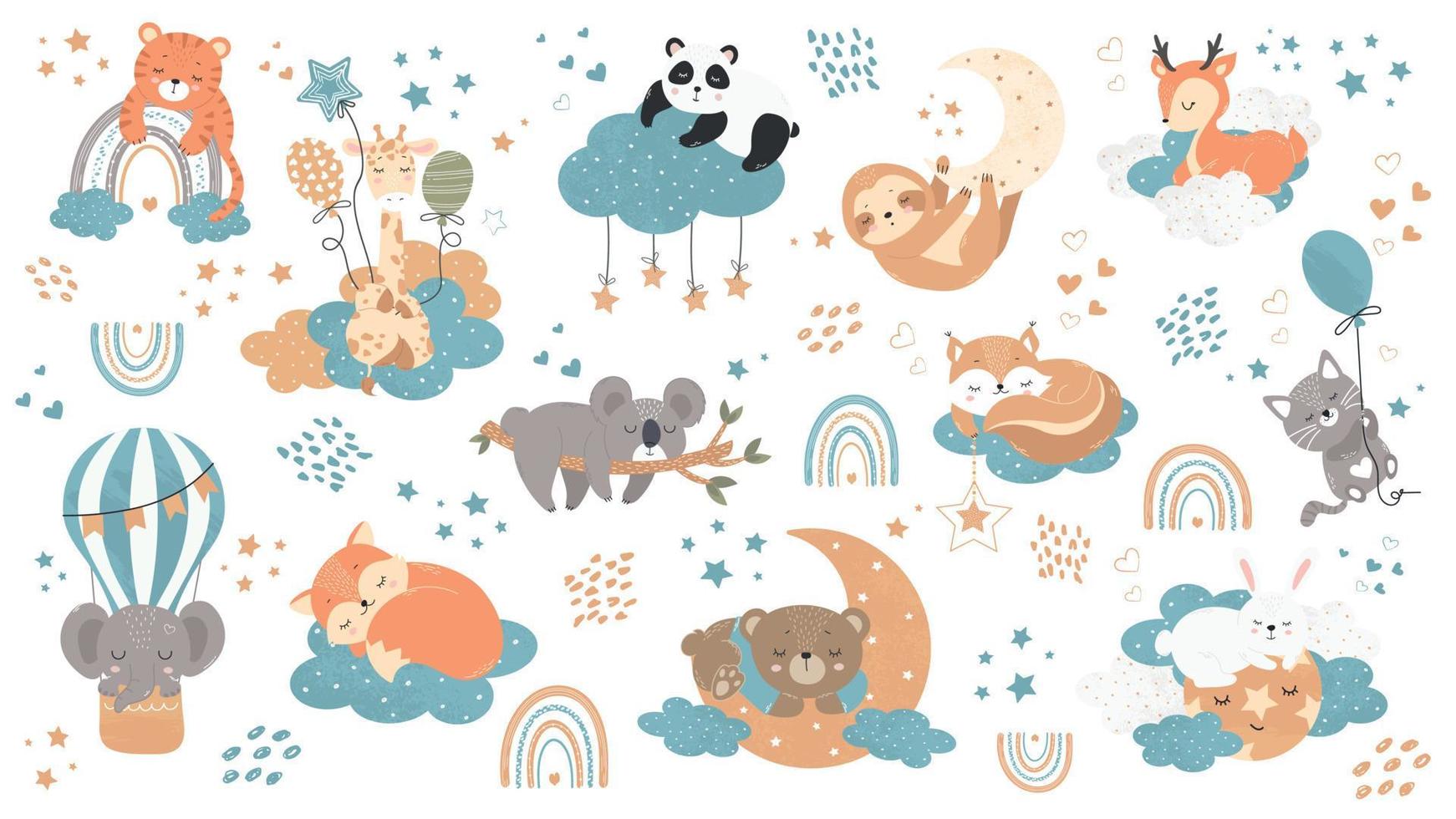 Set of illustrations with little animals sleeping on the clouds, on the moon among the stars. Exotic and forest dwellers for children. Vector