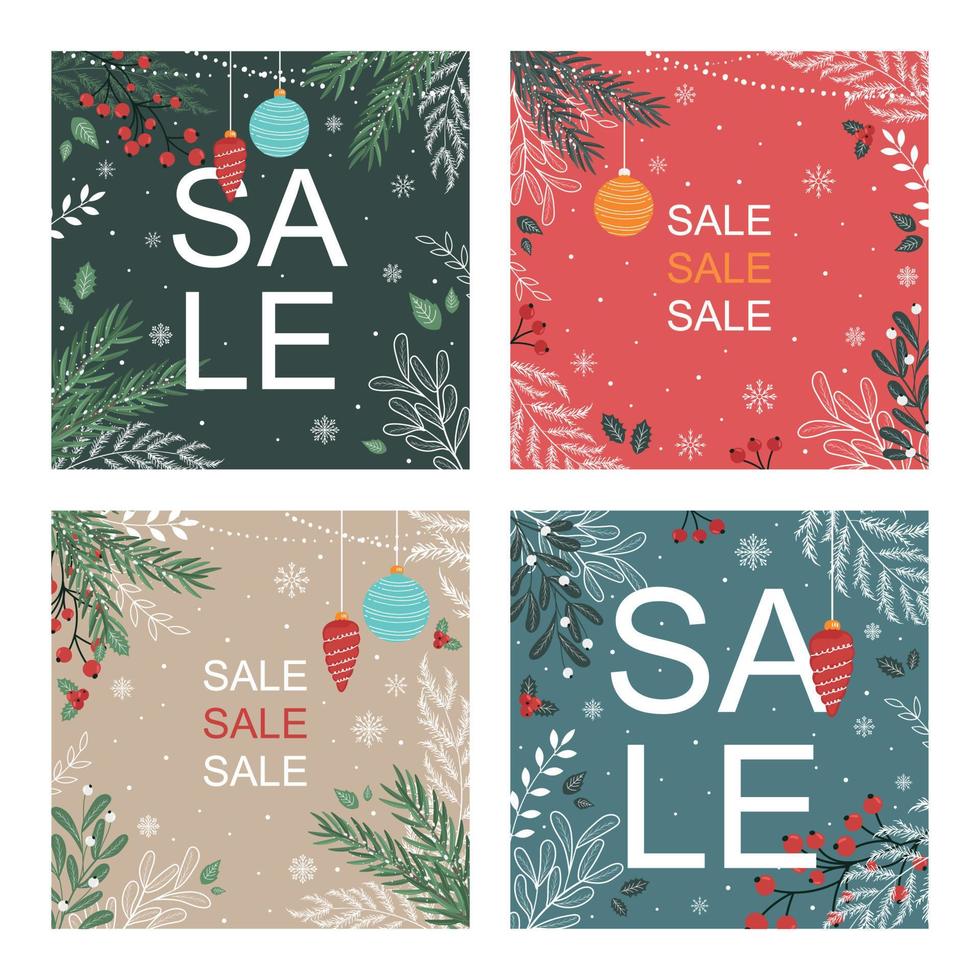 New Year square templates for social media posts with decorations, plants, branches, Christmas trees, decorations. Vector