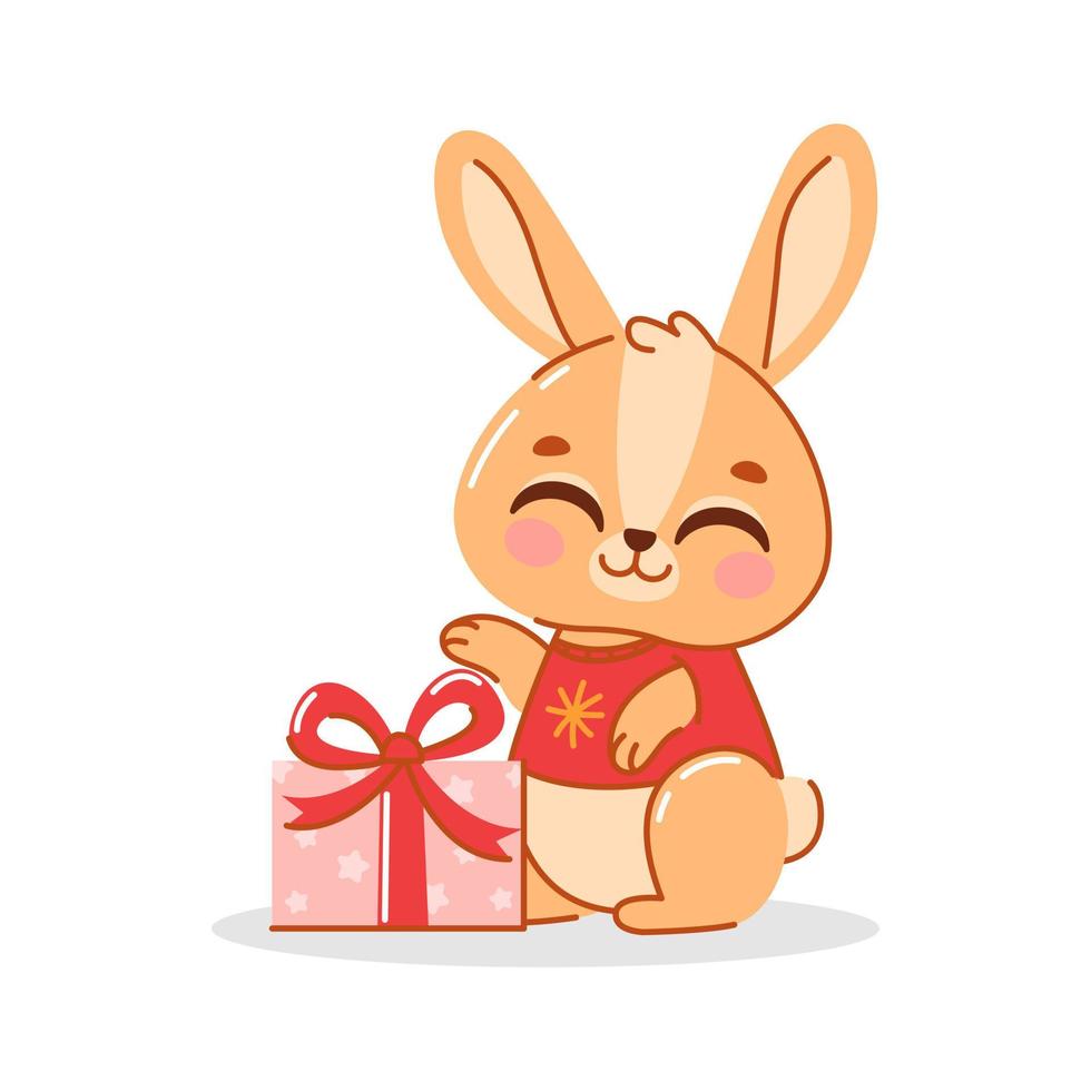 lindo conejo de dibujos animados o liebre. un conejo con un regalo en sus manos. impresión en camisetas para niños, tarjetas de felicitación, carteles. ilustración vectorial aislada en un fondo blanco vector