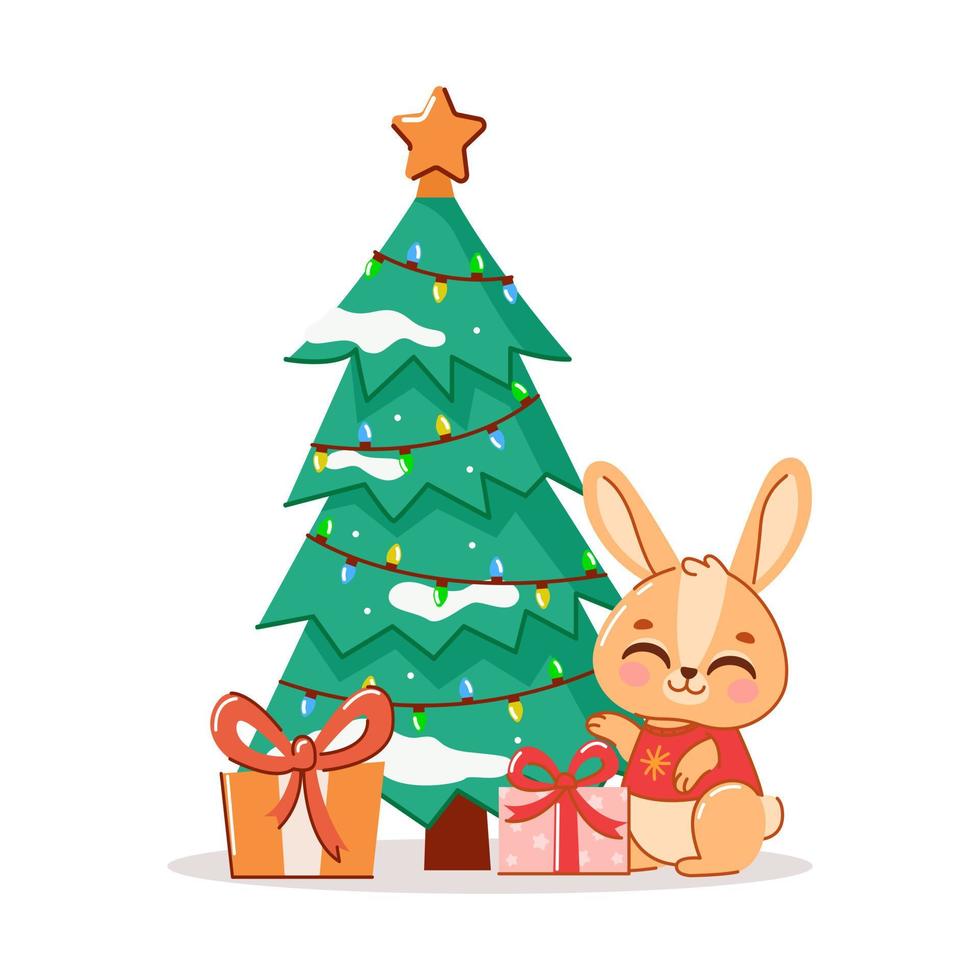 a rabbit or a hare is sitting near the Christmas tree with gifts. The concept of the new year. Symbol of the year. Vector illustration