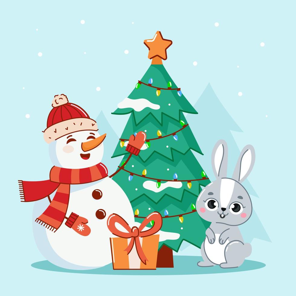 a snowman rabbit is standing near a Christmas tree with gifts. The concept of the new year. Symbol of the year. Vector illustration