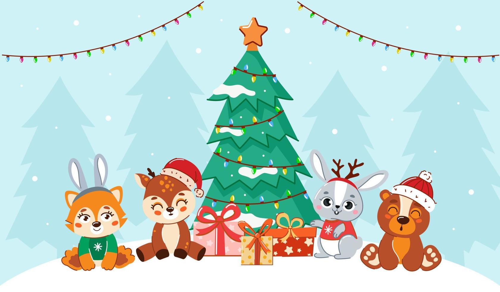 pequeños animales están sentados en el bosque cerca del árbol de navidad. tarjeta de felicitación de feliz año nuevo. ilustración vectorial vector