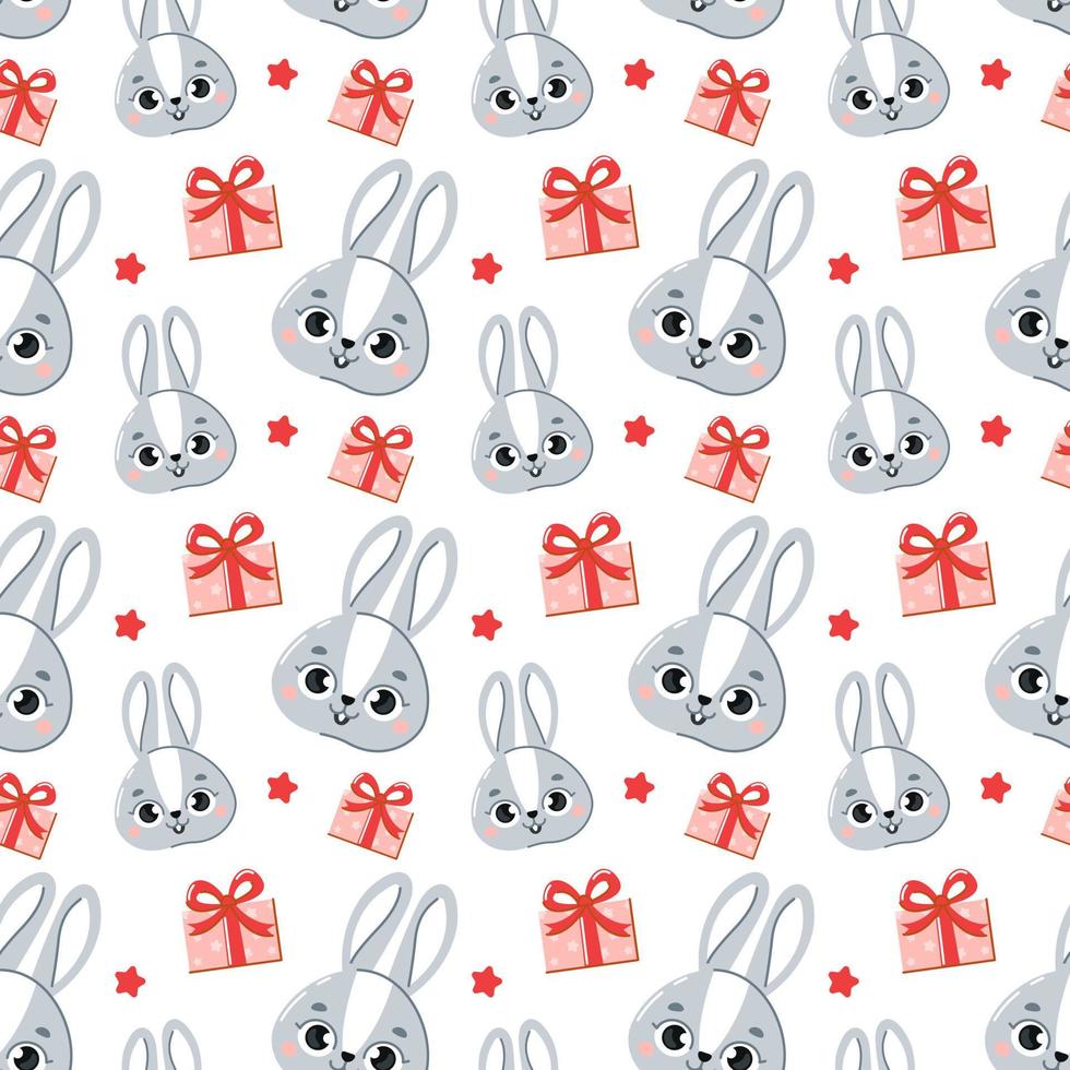 Seamless pattern with rabbit head and gift. Pattern on the fabric. Vector illustration.