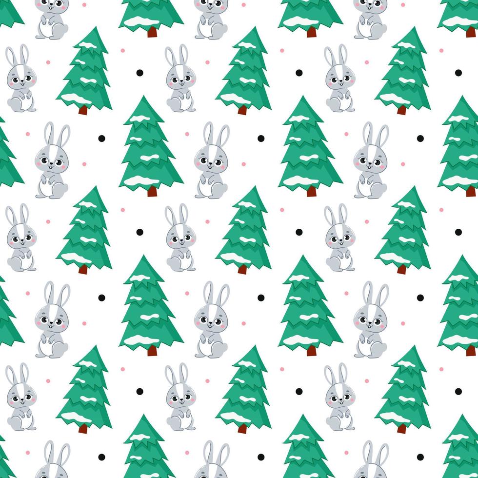 Christmas bunny seamless pattern. Christmas tree and rabbit. Vector Illustration for backgrounds, covers and packaging. Image can be used for greeting cards and textile. Isolated on white background.