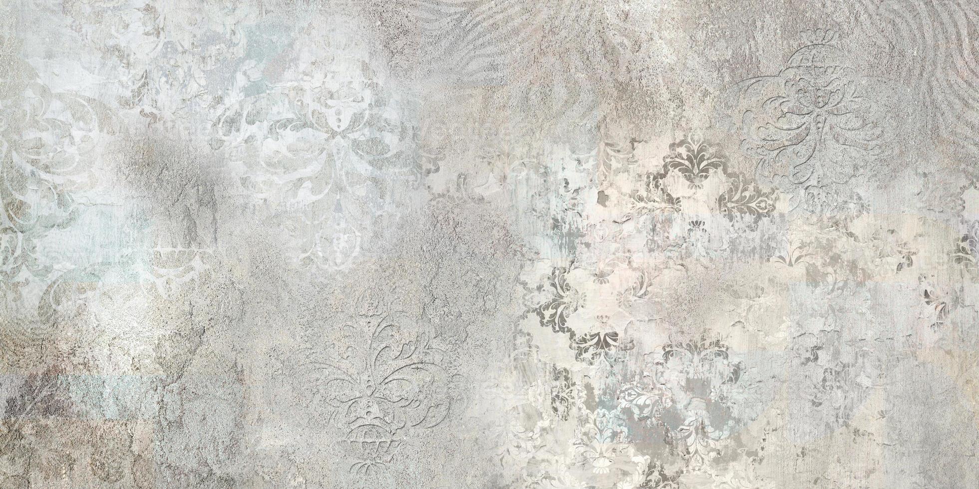 Grunge concrete wall with ornaments and prints.  Tiles design. Colorful ceramic wall tiles. Abstract damask patchwork background photo