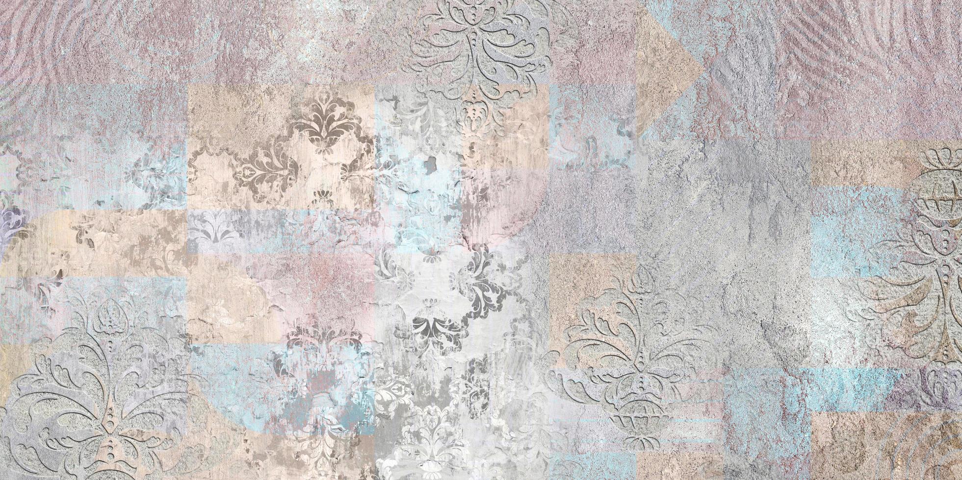 Grunge concrete wall with ornaments and prints.  Tiles design. Colorful ceramic wall tiles. Abstract damask patchwork background photo