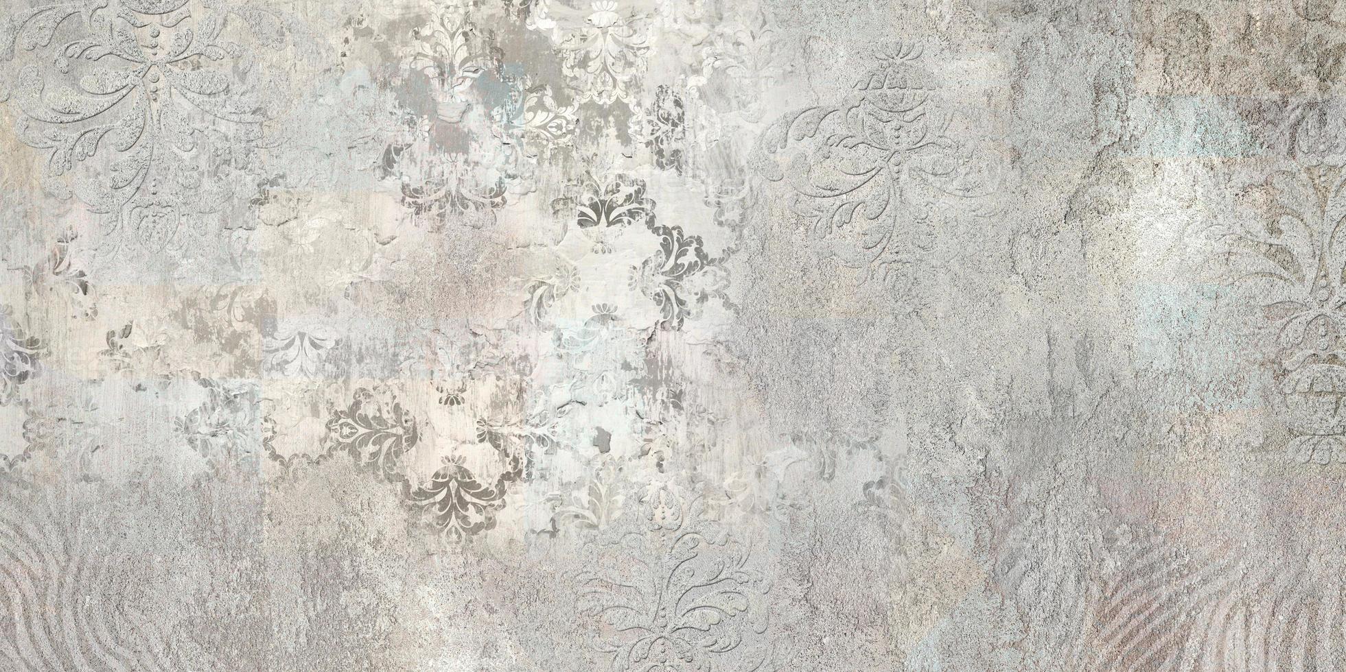 Grunge concrete wall with ornaments and prints.  Tiles design. Colorful ceramic wall tiles. Abstract damask patchwork background photo