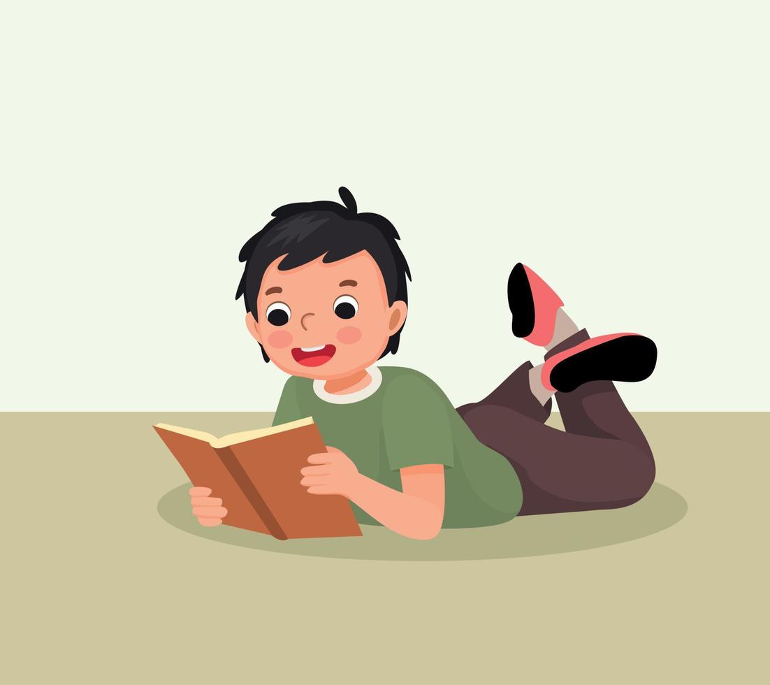 Cute little boy reading book lying on floor vector